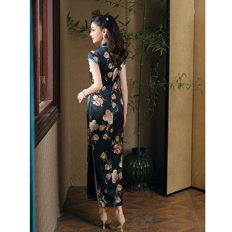 Limited Collection: Long Evening Mulberry Silk Cheongsam Beige Floral on Black with Green Piping