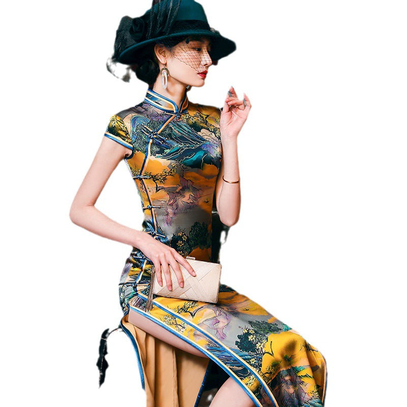 Limited Collection: Long Mulberry Silk Cheongsam in Mixed Green and Orange Landscape Pattern