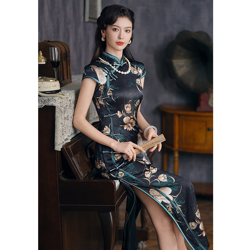 Limited Collection: Long Evening Mulberry Silk Cheongsam Beige Floral on Black with Green Piping