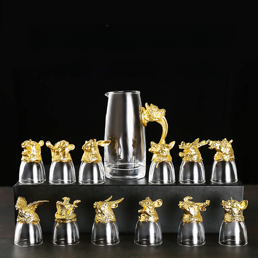 12 Chinese Zodiac Lead-free Crystal Wine Liquor Spirits Glass Pitcher Tray Set in Leather Case